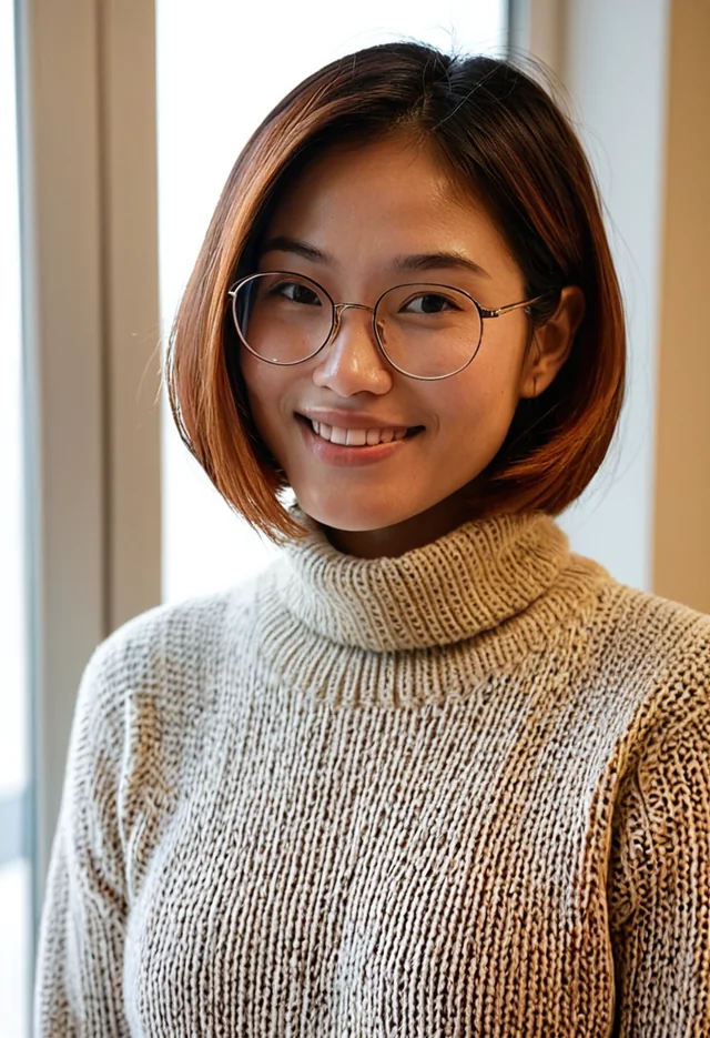 Mira in their saved portrait: smiling, with a copper-auburn bob, glasses and a cream knit turtleneck, in soft window light.